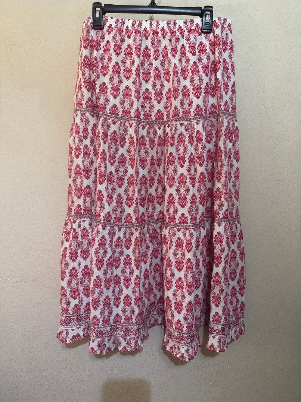Max Studio White and Red Printed Tiered Maxi Skirt